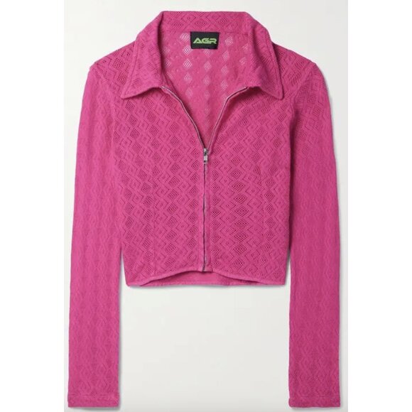 AGR Pointelle Lace Cropped Shirt in Vibrant Pink Preppy Avant Garde Y2K XS NWT - Picture 2 of 16